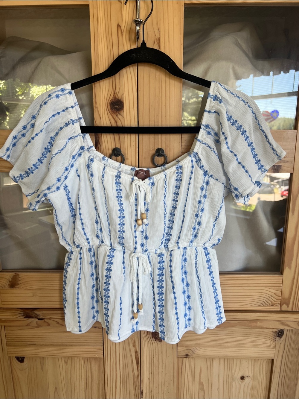 White & Blue Embroidered Peplum Blouse - Casual Tie-Front Top